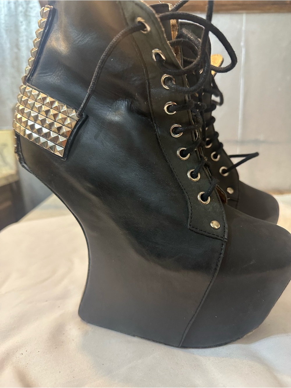 Jeffrey Campbell Black Holy Stud Lace-Up Platform wedge Boots